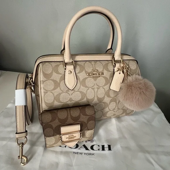 Coach Rowan Satchel BagIn Blocked Signature Canvas And Matching Wallet